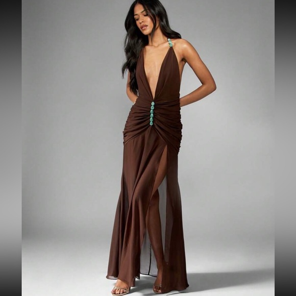 Missguided Dresses & Skirts - Brown Plunge Neck Sleeveless Gown
